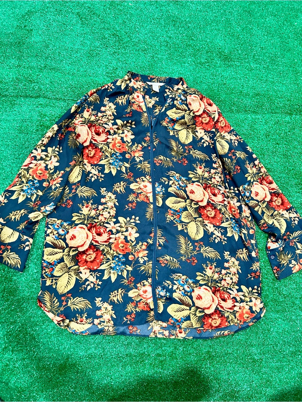 H&M Navy Floral Zip-Front Casual Button-Down Shirt